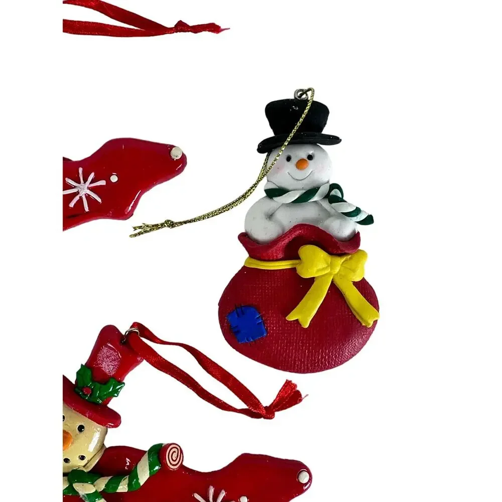 Snowman Ornaments Lot of 3 Red 2 Flying Airplanes & 1 in Santa Sack Retro VG